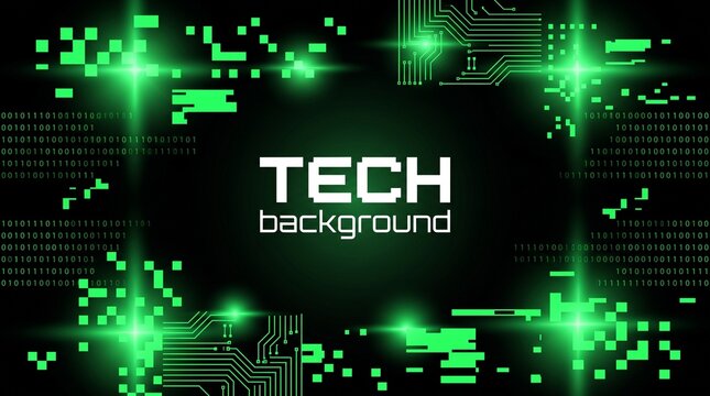 Green digital technology background with binary code and circuit board patterns on a black backdrop with data