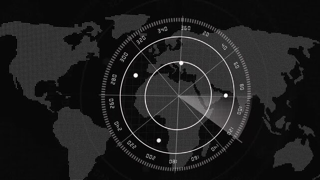 Radar screen animation displays a dotted world map on a matrix grid on dark. Sonar tracking data routes across radar screen. Global tracking monitors use screen.