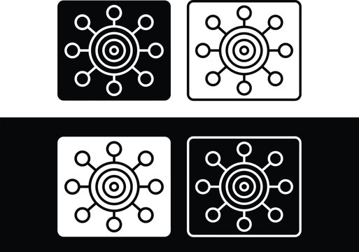 Centralized network hub icon set, target bullseye with radiating nodes symbol, omnichannel data distribution badge, core focus system integration emblem and UI mobile vector icons
