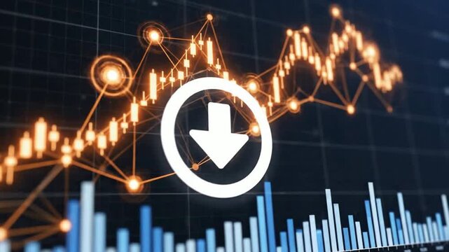 Bear market financial trading chart with downward trend arrow and glowing candlestick graph data for business analysis