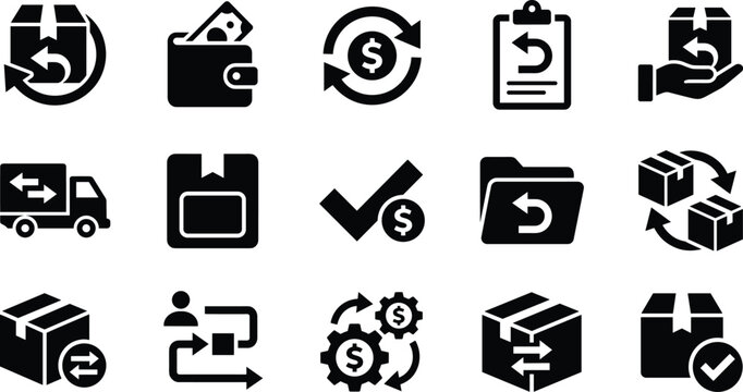 Set of flat black vector icons representing shipping returns and logistics processes