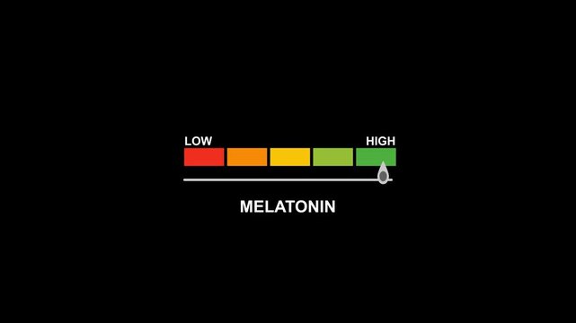 Melatonin gauge level progress indicator from low to high.Melatonin text or word with a barometer or tachometer-style,varying levels of production and its role in regulating sleep and circadian.