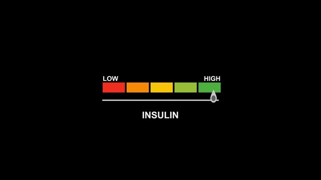 Insulin text or word shown with a barometer or tachometer-style gauge, representing varying levels of insulin production or activity and its role in blood sugar regulation and overall metabolic health
