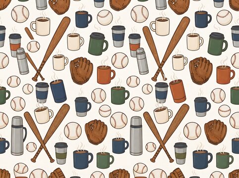 Hand-drawn seamless pattern featuring baseball equipment and warm beverages on light background.