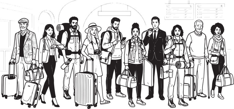 Group of Diverse Travelers with Luggage Isolated on Transparent Background Vector Illustration