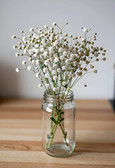 Fototapeta premium Minimalist home decor and wellness, babys breath flowers in a glass jar on a wooden table for interior design and simple lifestyle aesthetic