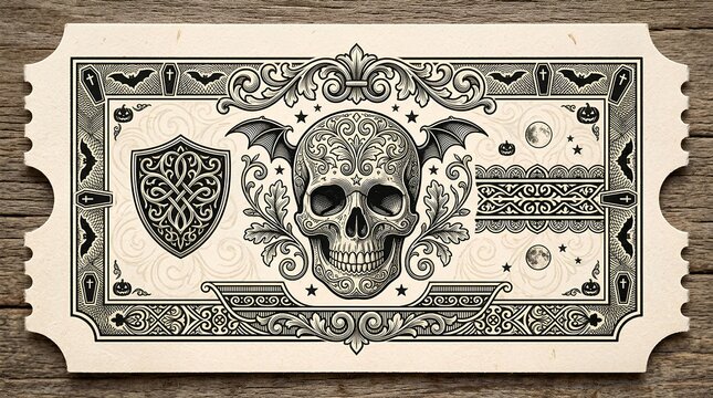 Vintage gothic ticket stub with winged skull and halloween ornaments on wooden background