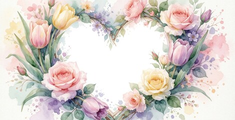 Fototapeta premium Watercolor floral heart frame with pink roses, yellow tulips. Beautiful spring bouquet decoration with soft pastel colors, green leaves. Romantic garden blossom design for wedding invitation