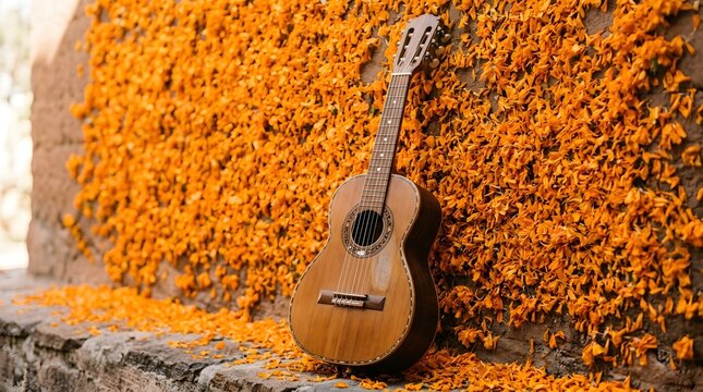 Acoustic guitar leaning against a rustic wall covered in orange petals