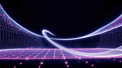 Fototapeta premium Abstract digital landscape. Glowing lines form curves, grid. Dark background emphasizes bright neon colors, futuristic design.