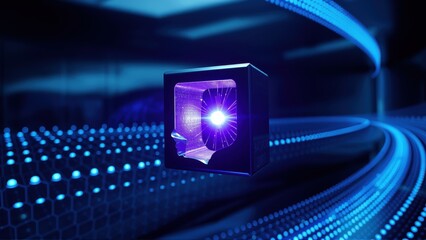 Fototapeta premium Glowing cube sits amid digital network. Bright light emanates from within, suggesting data transfer or processing. Futuristic scene.