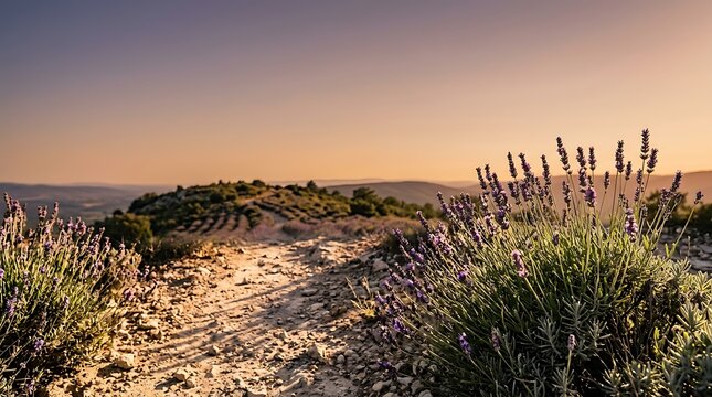 Purple lavender shrubs lining rocky path during golden hour with distant hills in background.