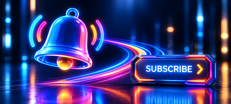 Glowing Neon Notification Bell Icon Next to Futuristic Subscribe Button Interface

