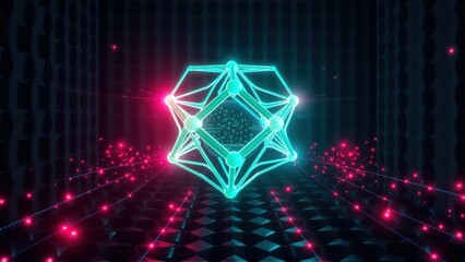 Fototapeta premium Glowing geometric shape dominates dark space. Pink particles radiate from floor, walls creating tunnel effect. Futuristic design.