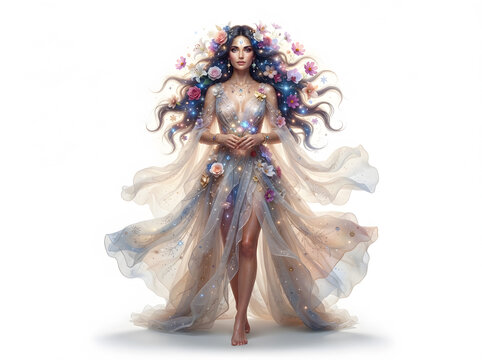 Fantasy woman with cosmic floral hair and sheer gown standing gracefully with hands clasped