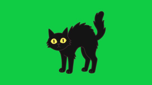 Cartoon black cat with yellow eyes on green background