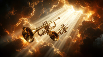 Obraz premium Golden trumpets float in dramatic sky among bright light rays, orange clouds. Celestial instruments sound divine alarm for apocalypse judgment day. Biblical concept of armageddon, heaven opening with