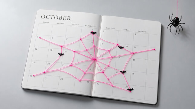 October planner with pink spider web and Halloween decoration