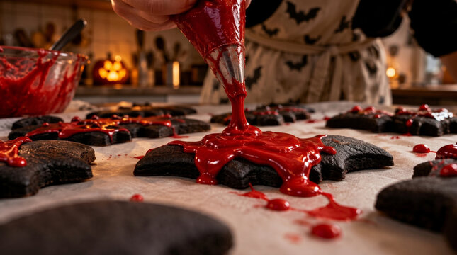 Decorating Halloween coffin cookies with red icing