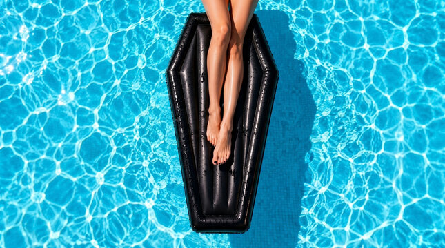 Person relaxing on black coffin shaped pool float in swimming pool