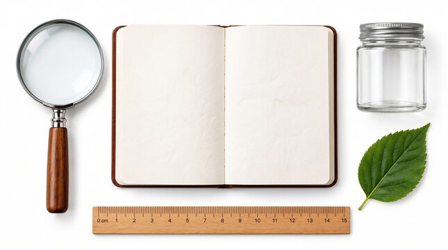 Botanical research tools with blank notebook and green leaf