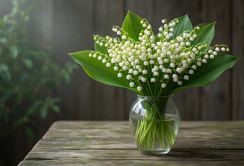 Fototapeta premium Spring renewal and purity concept, bouquet of lily of the valley flowers in a glass vase on a rustic wooden table with soft natural morning light