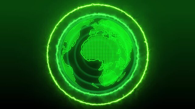 Digital globe animation rotates within an illuminated energy ring. Global telecommunication data routes across digital globe. Planetary networks power digital globe.