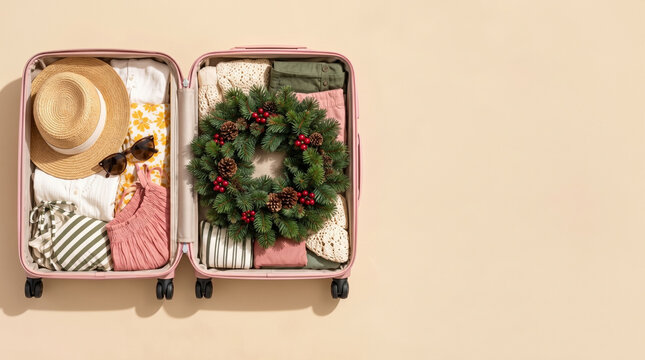 Packed suitcase for Christmas travel and holiday getaway