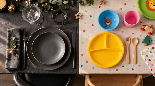 Adult and kids Christmas table settings comparison