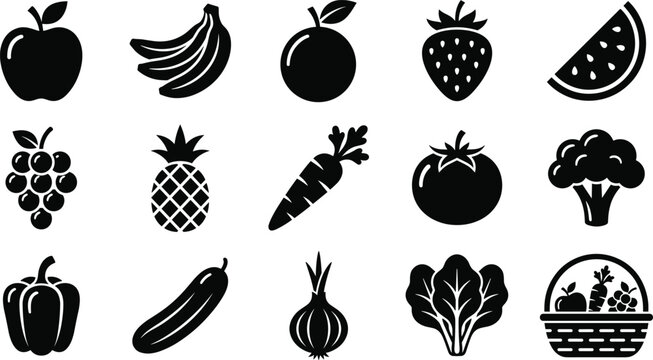 Set of black icons representing various fresh fruits and healthy vegetables