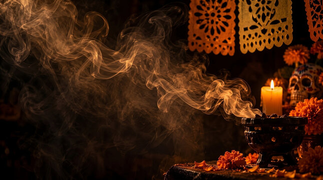 Swirling incense smoke at Mexican Day of the Dead altar