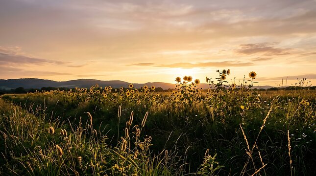 Sunflower field at sunset displays vibrant yellow blooms against rolling hills and clouds.