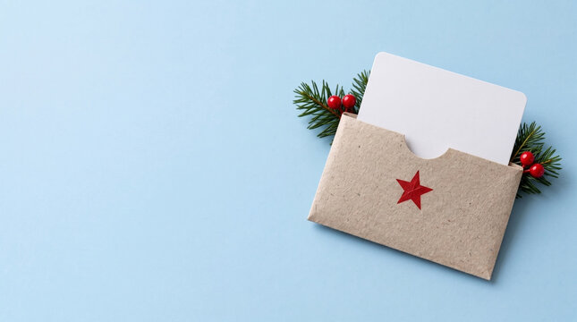 Christmas greeting card in kraft envelope with festive decorations