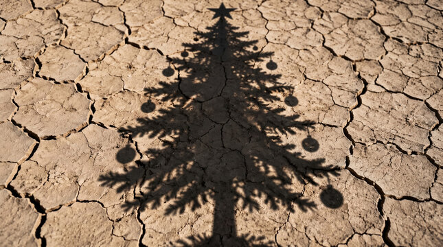 Christmas tree shadow on cracked dry earth