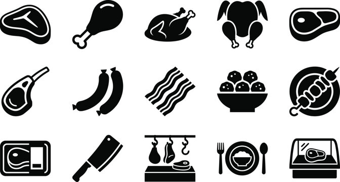 Set of flat black meat and poultry food icon vectors for culinary projects