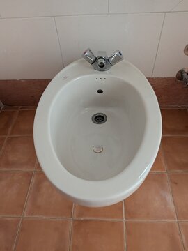 White Ceramic Bidet Bowl with Metallic Mixer Faucet in Bathroom