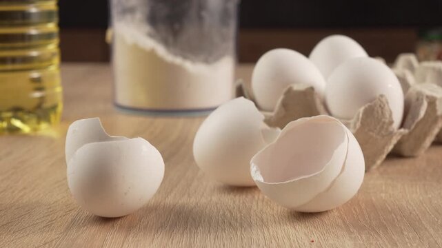 cracked white chicken eggshell pieces falling on white surface. Organic egg shell for baking recipe