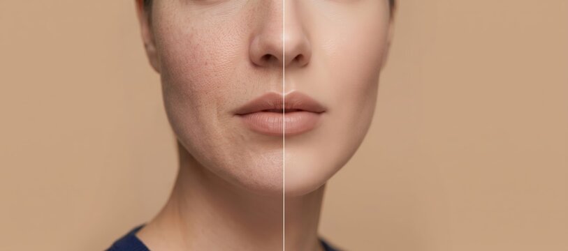 Skincare transformation comparison on woman's face before and after treatment