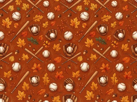 Fall harvest baseball pattern with wooden bats gloves balls acorns and autumn maple leaves on orange.