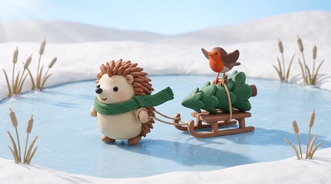 Hedgehog pulling a Christmas tree on a sled across a frozen pond