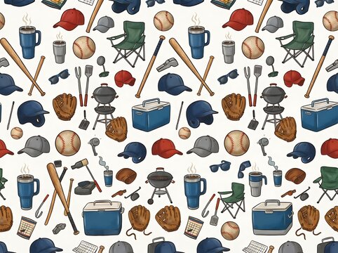 Tailgating and baseball camping gear seamless vector pattern on clean white background.
