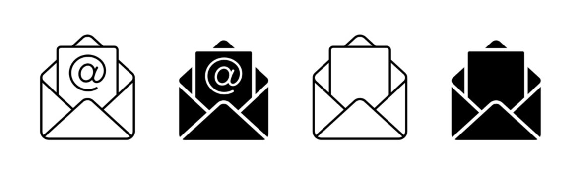 Open envelope with letter vector icon set. Email message, contact us, electronic mail, and newsletter concept symbols in line art and solid black styles.
