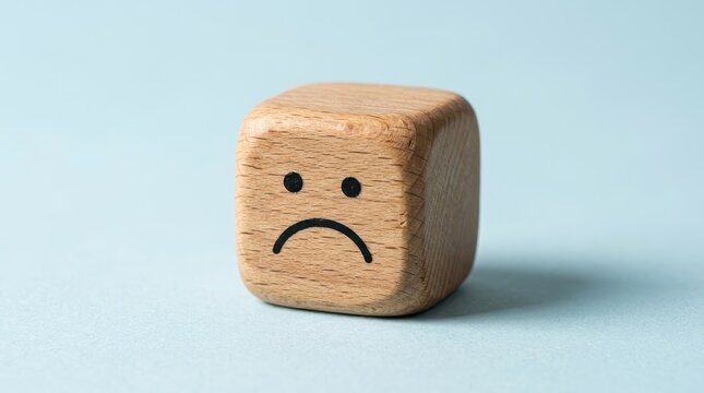 Wooden Cube with Sad Face Emoji Icon Representing Negative Emotions, Depression, or Poor Customer Feedback on Blue Background