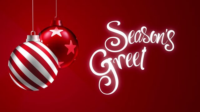 Glossy red and white baubles, sparkling lights and elegant Season's Greetings typography on a red background, for holiday greetings, corporate messages, social media videos and seasonal advertising.