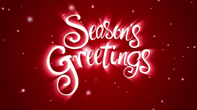 Elegant Season's Greetings motion graphic revealing festive white script typography with glowing light rays and snowflakes, for Christmas greetings, holiday video openers, and corporate messages.