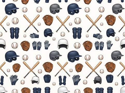 Baseball equipment and balls pattern on a white background with blue and brown.