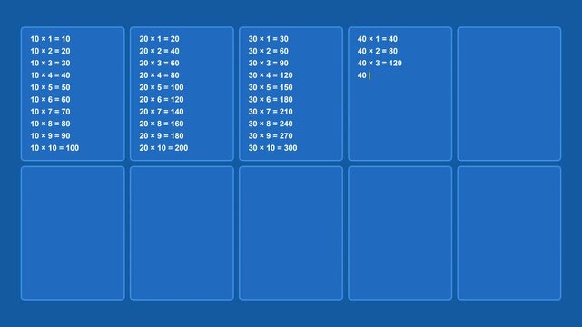 Data grid interface showing multiplication tables in blue