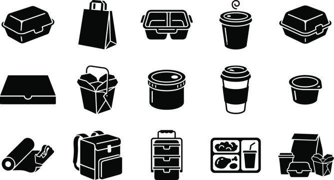 Set of black food delivery and takeaway service icons including containers and bags