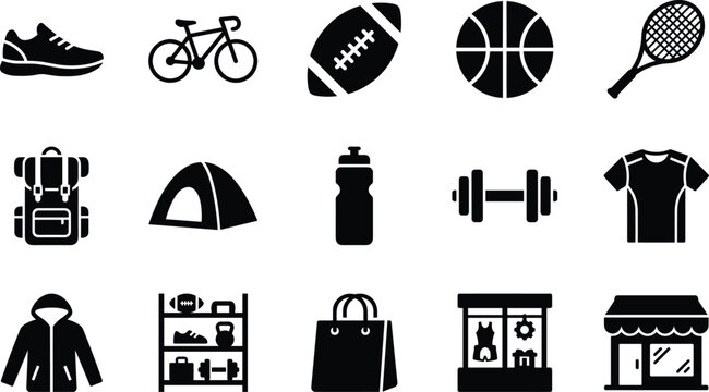 Set of flat vector icons representing sports fitness equipment and leisure activities
