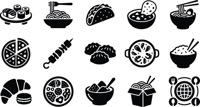 Set of black and white icons representing various global food items